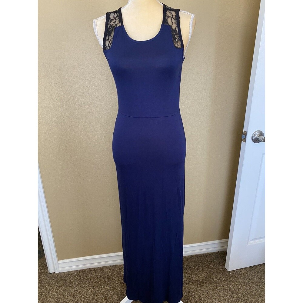 Monteau Los Angeles Navy Blue Sleeveless Maxi Dress w/ Black Lace Back SZ M